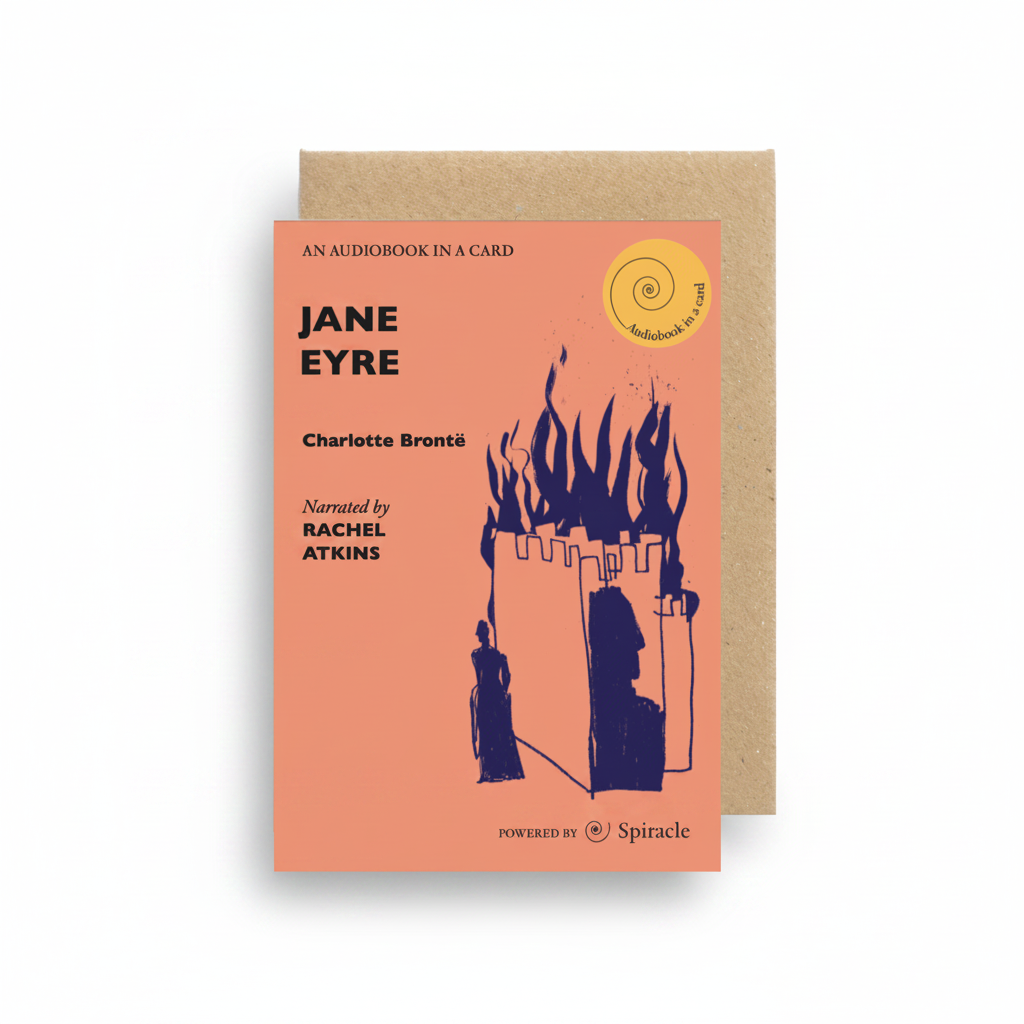 Jane Eyre Audiobook in a Card, coral card with navy Thornfield Hall illustration and kraft envelope