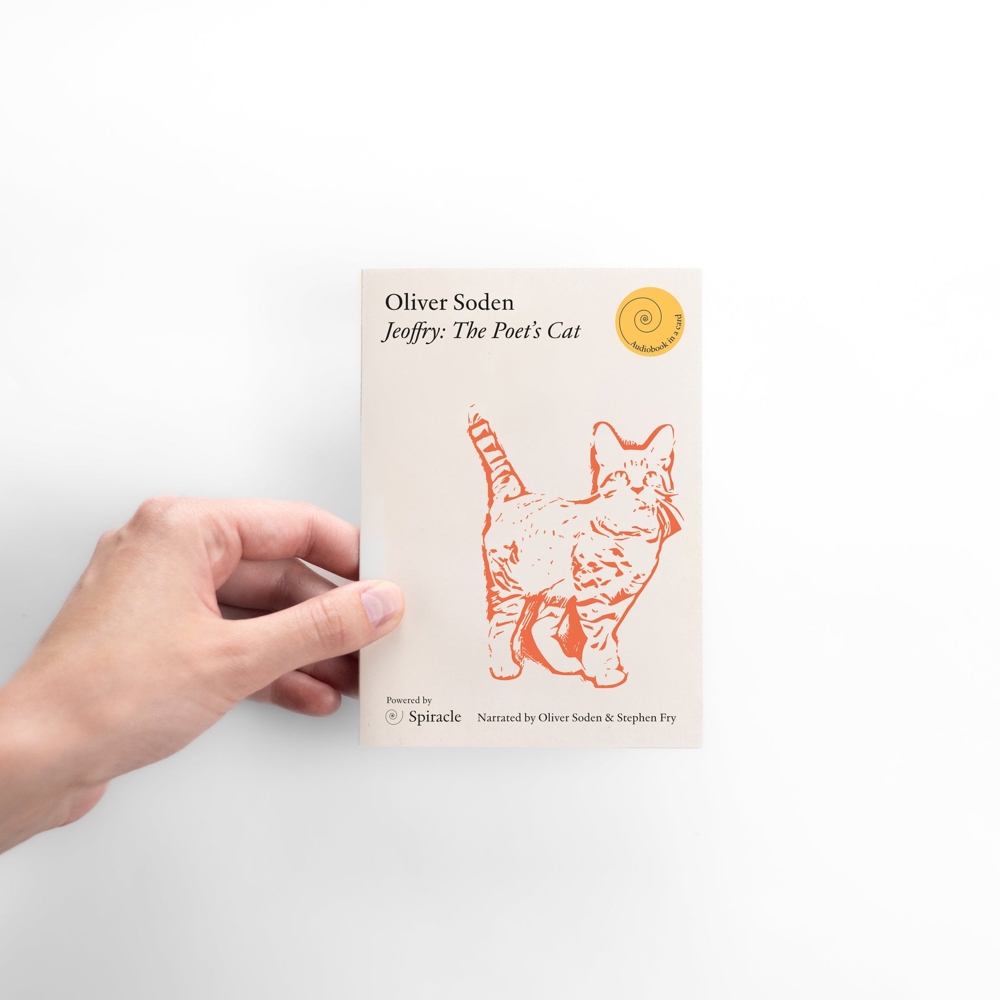 Hand holding the Jeoffry audiobook card to show its size