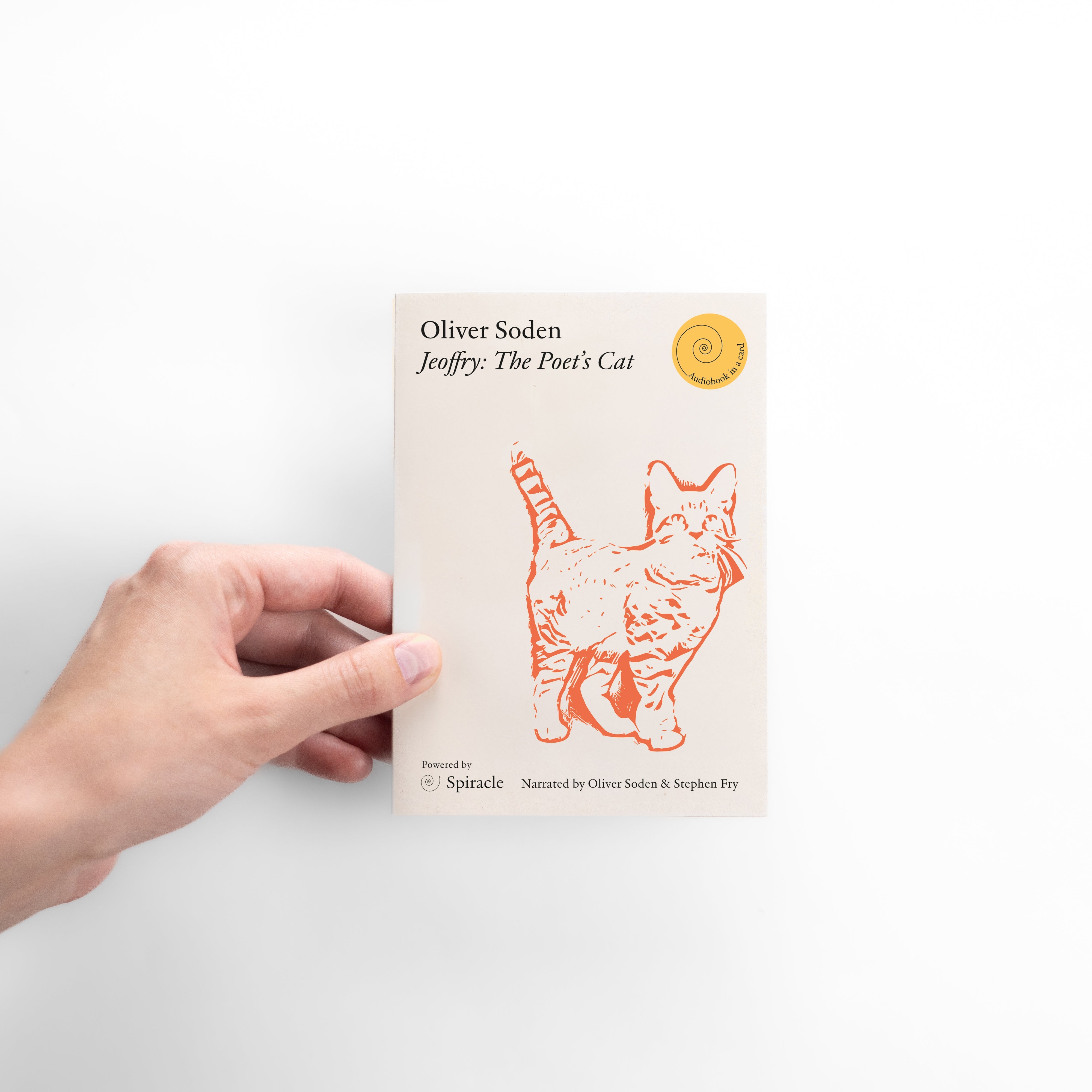 Hand holding the Jeoffry audiobook card to show its size