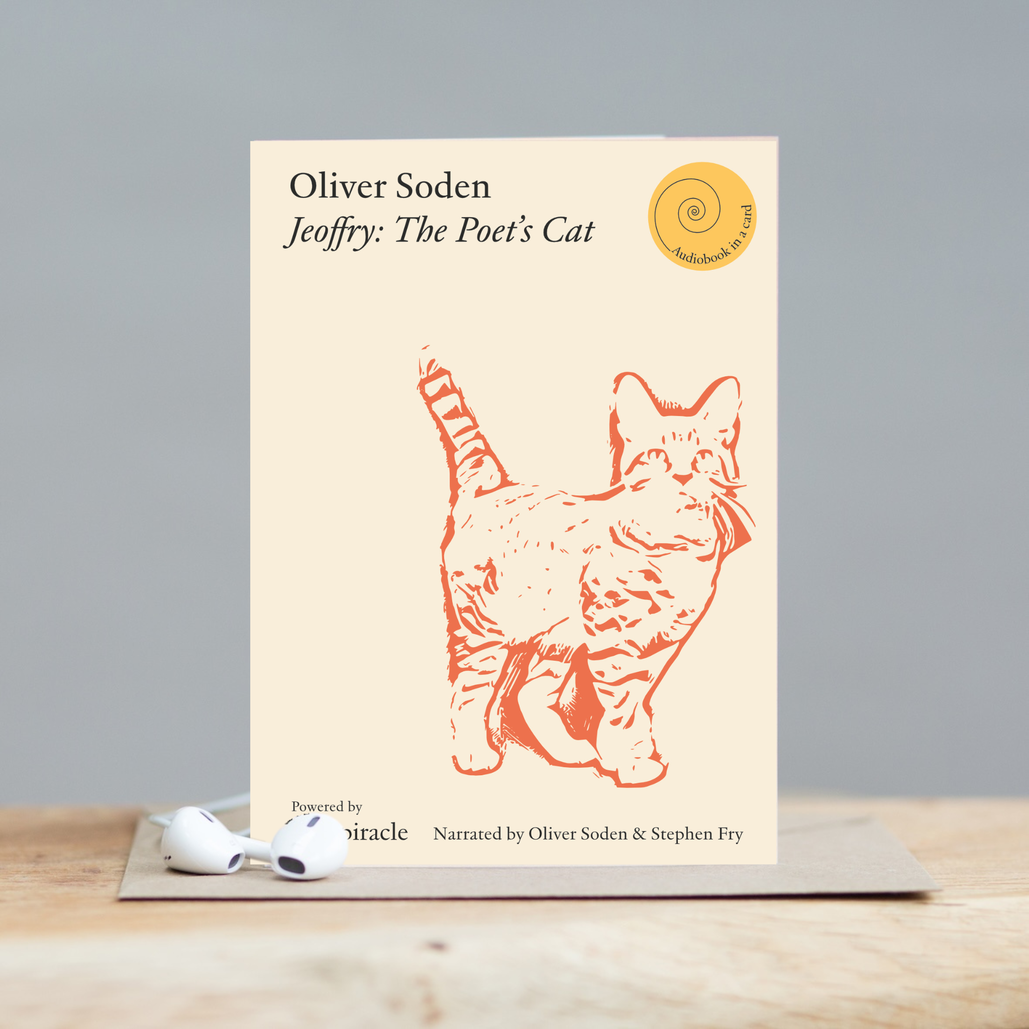 Jeoffry: The Poet's Cat audiobook card styled with its kraft envelope
