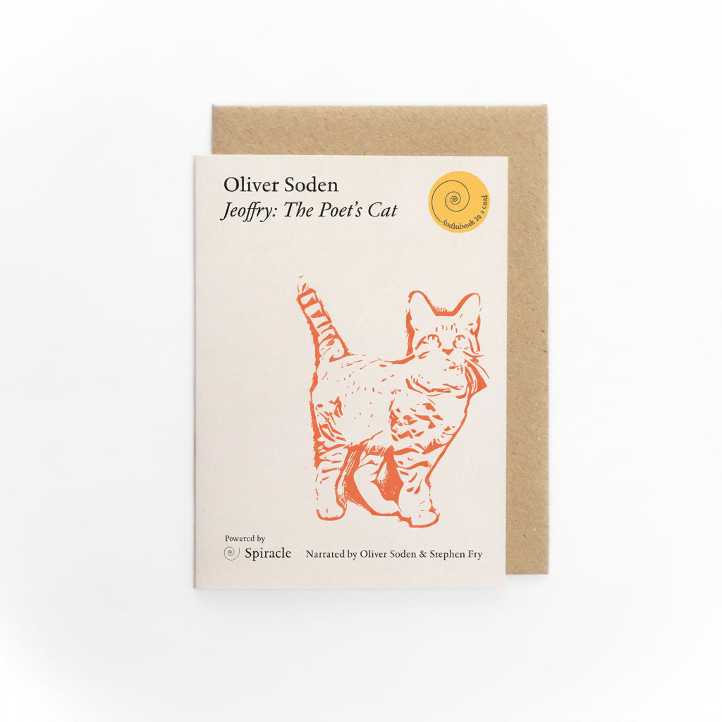 Jeoffry: The Poet's Cat Audiobook in a Card, cream card with an orange line drawing of a cat and kraft envelope