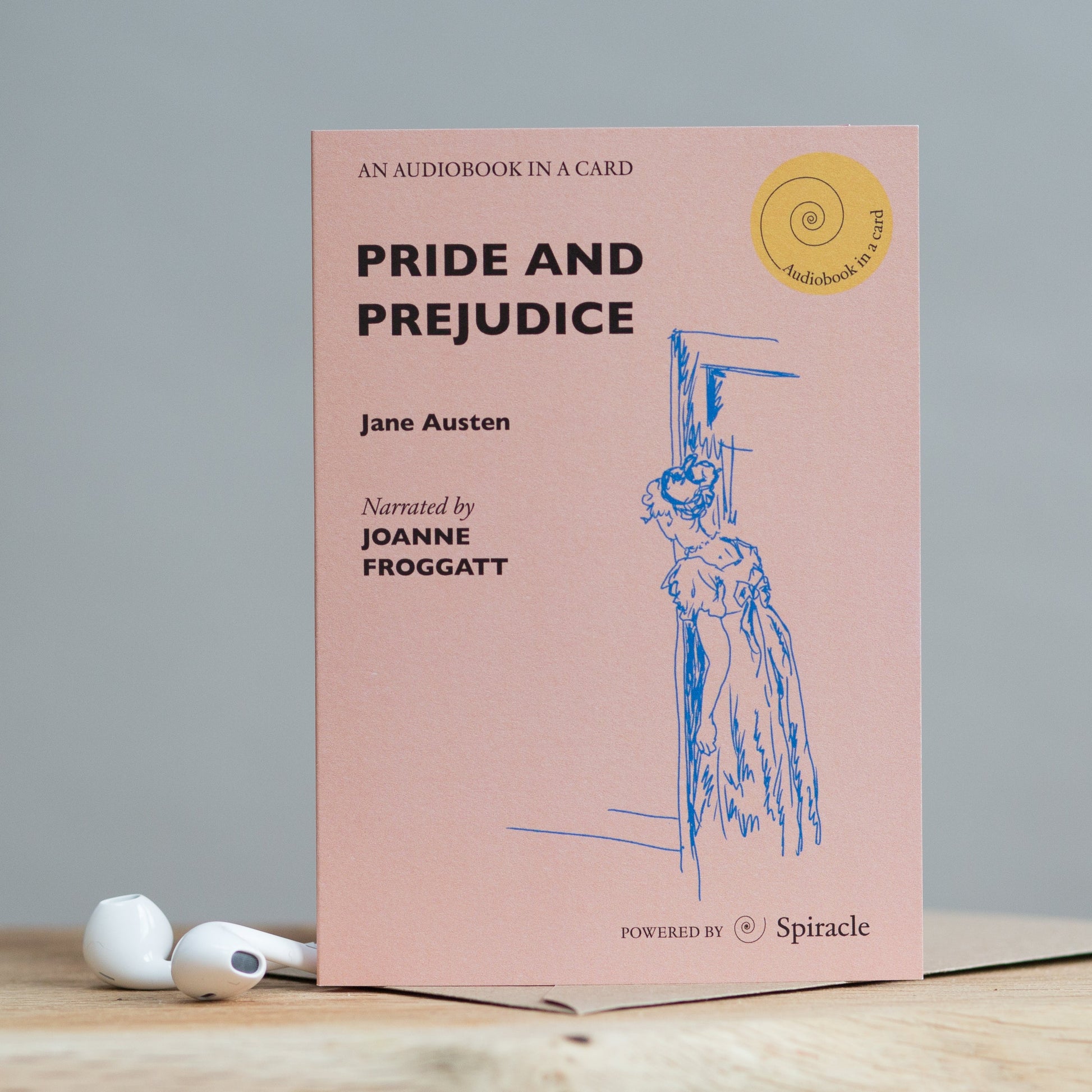 Pride and Prejudice audiobook card styled with its kraft envelope