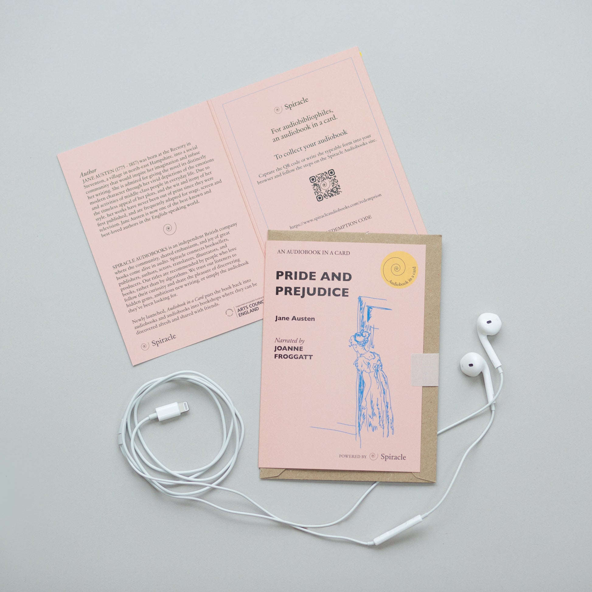 Pride and Prejudice audiobook card opened to show the blank inside and QR code
