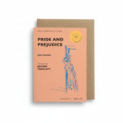 Pride and Prejudice Audiobook in a Card, coral card with a blue Regency figure illustration and kraft envelope