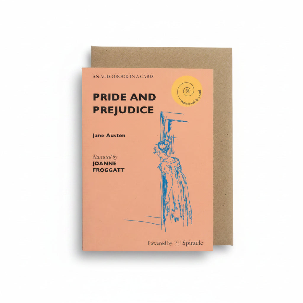 Pride and Prejudice Audiobook in a Card, coral card with a blue Regency figure illustration and kraft envelope