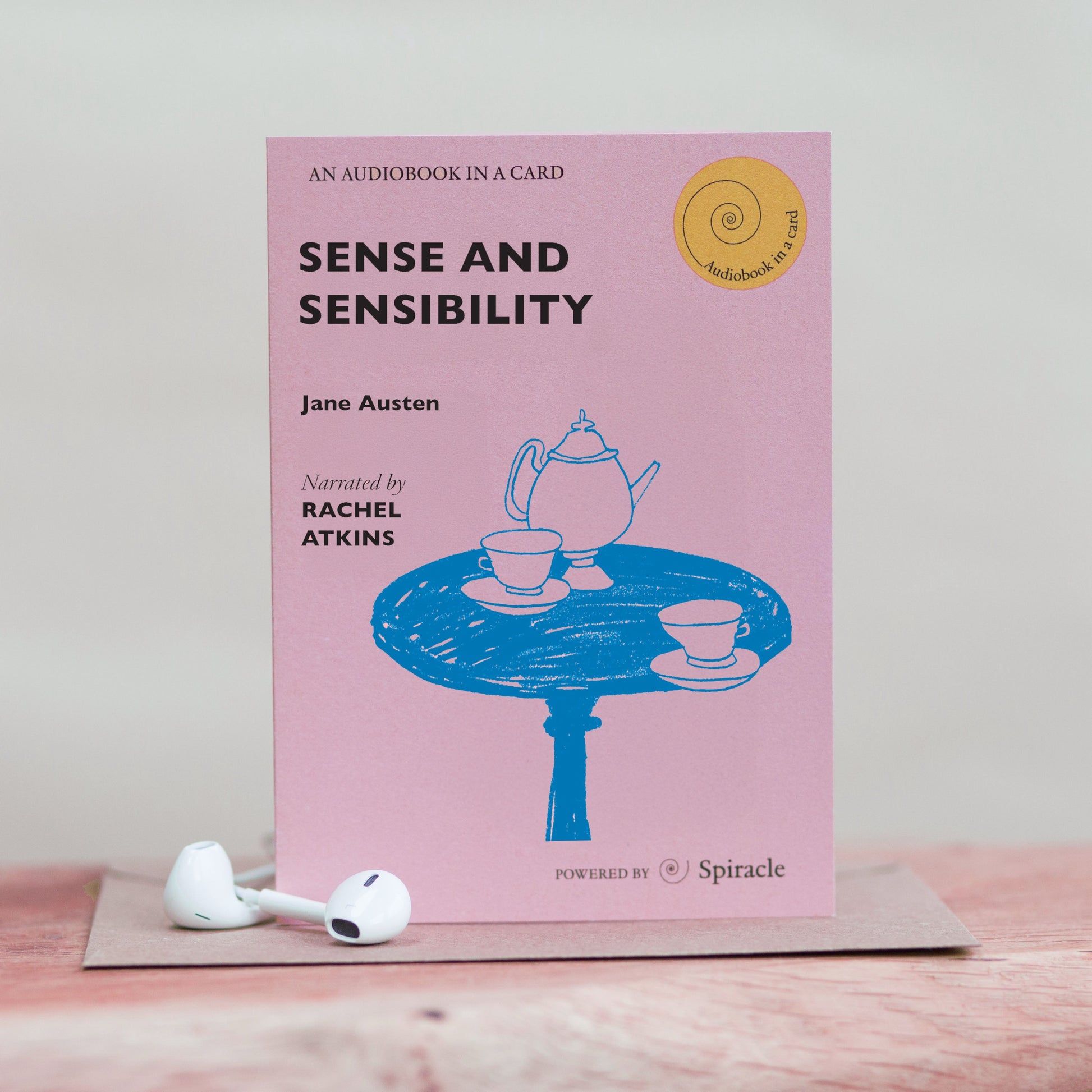 Sense and Sensibility audiobook card photographed with its kraft envelope