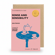 Sense and Sensibility Audiobook in a Card, pink card with a blue teapot illustration and kraft envelope