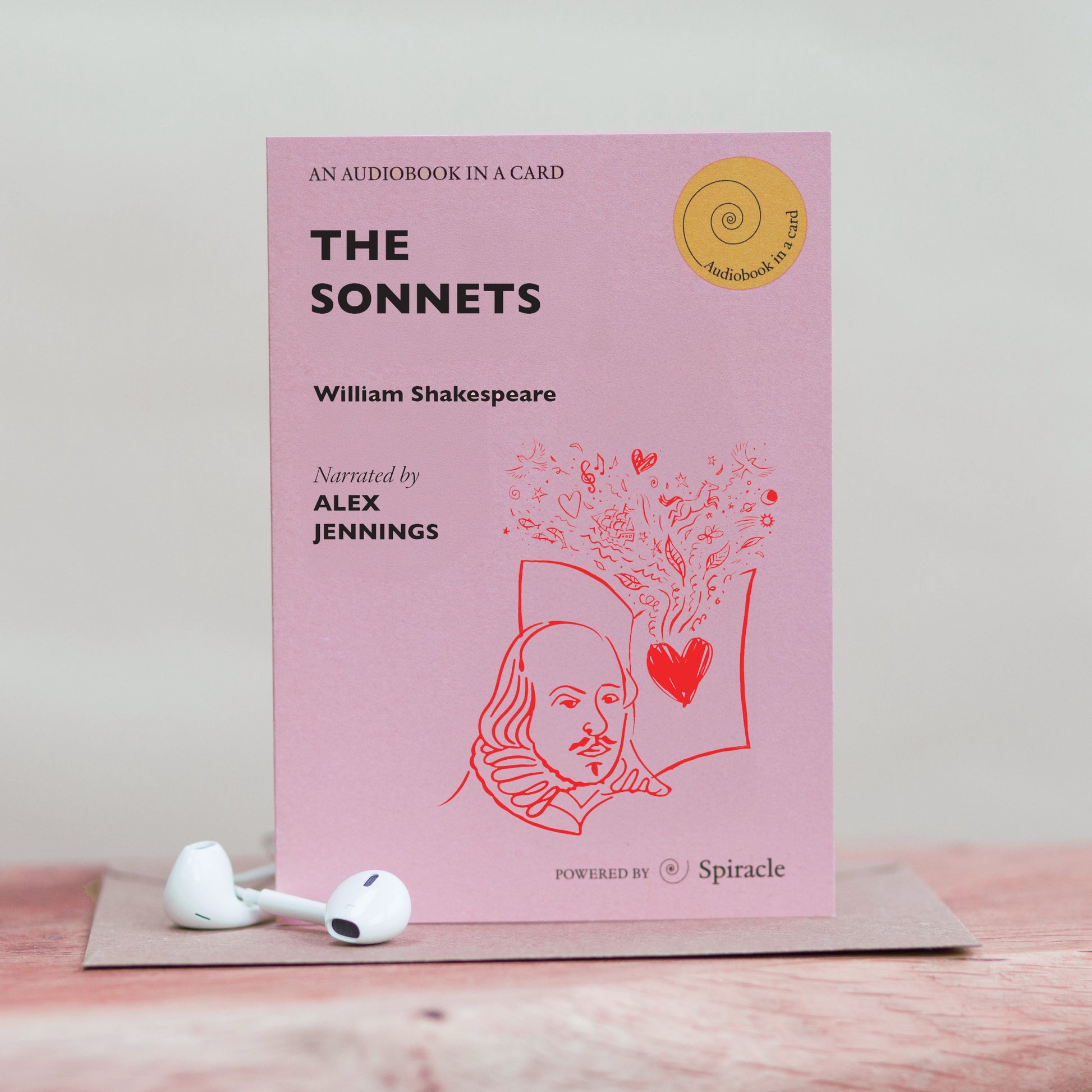 Shakespeare's Sonnets audiobook card shown with its kraft envelope