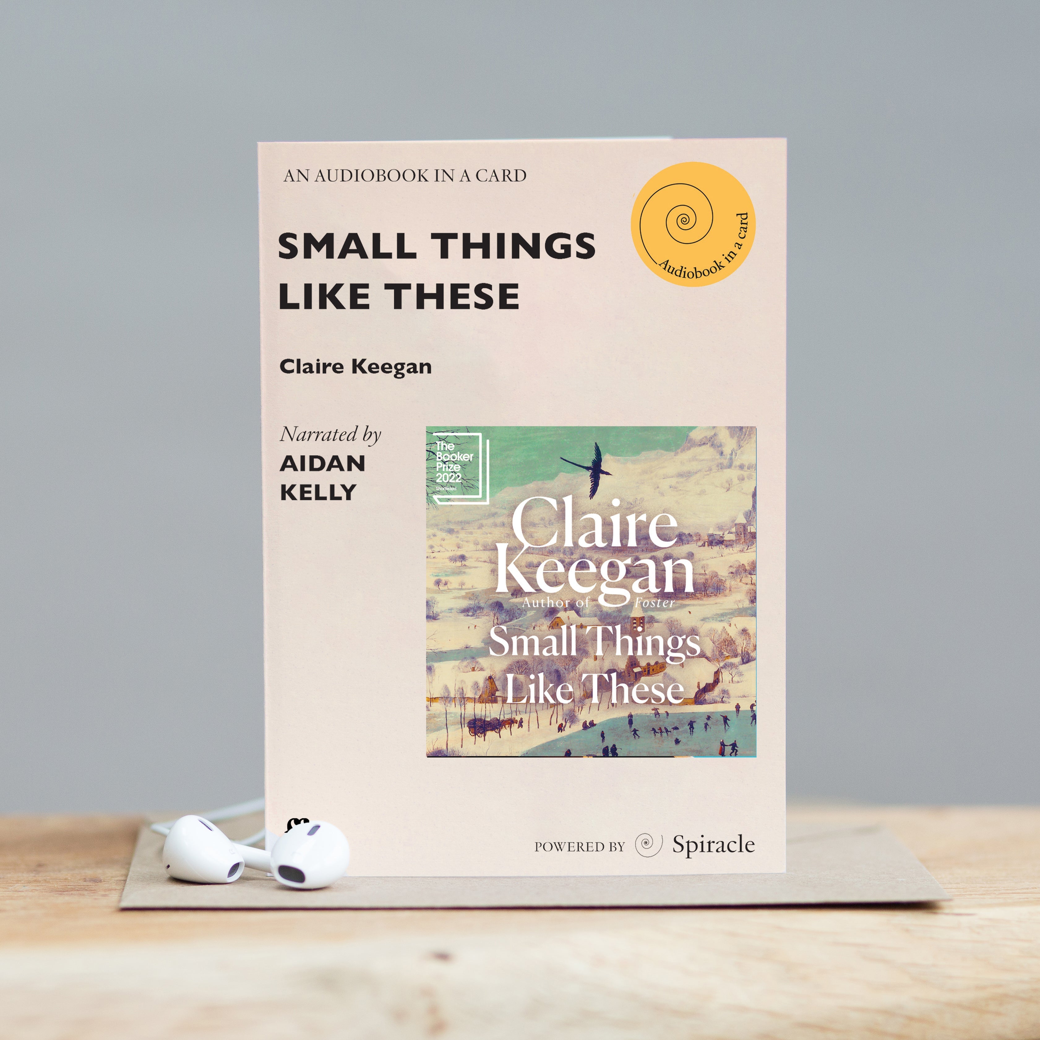 Small Things Like These audiobook card photographed with its kraft envelope