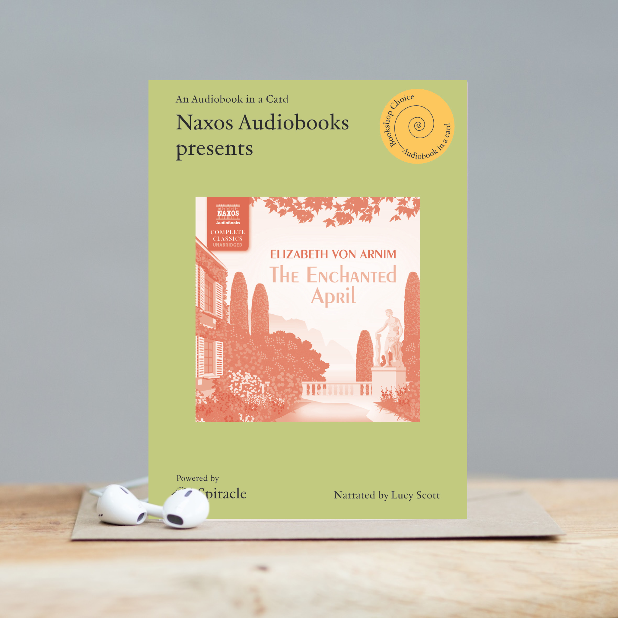 The Enchanted April audiobook card styled with its kraft envelope