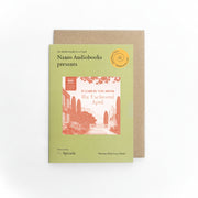 The Enchanted April Audiobook in a Card, green card showing the book cover and a kraft envelope