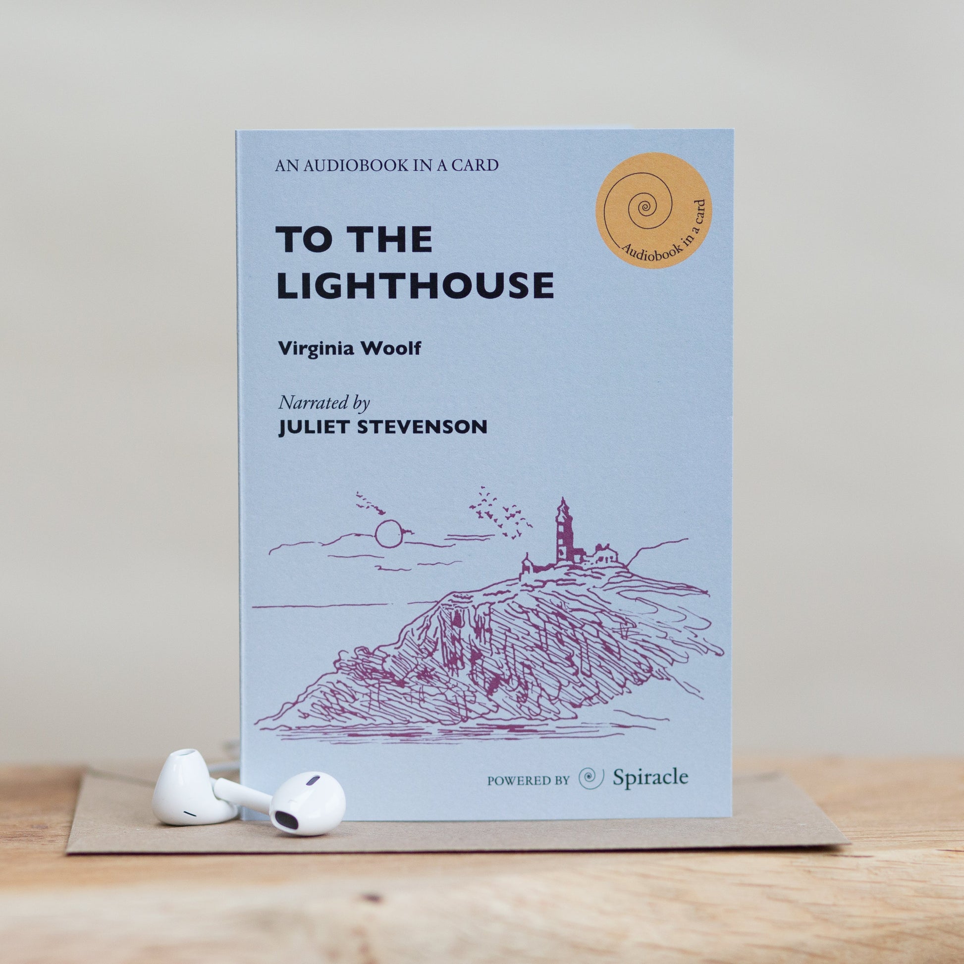 To the Lighthouse audiobook card styled with its kraft envelope