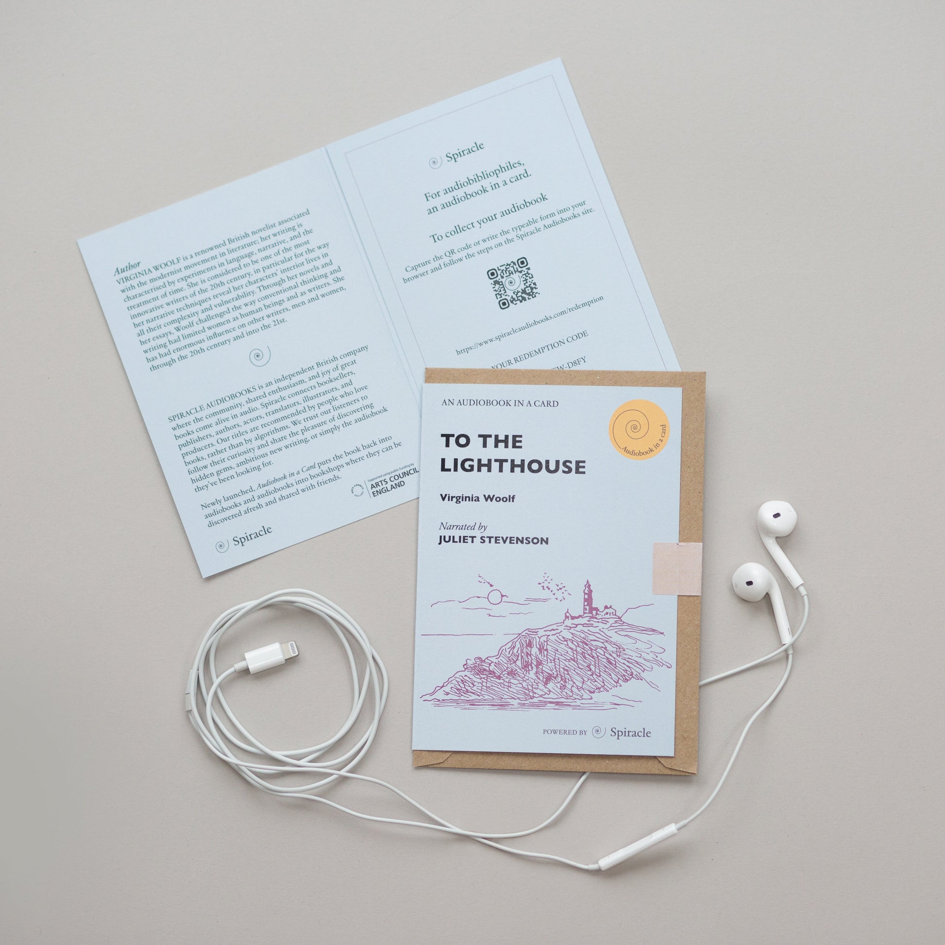 To the Lighthouse audiobook card photographed on a table setting