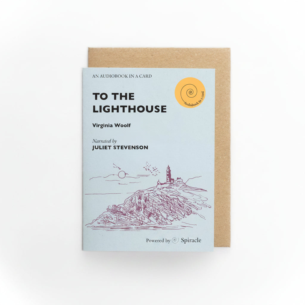 To the Lighthouse Audiobook in a Card, pale blue card with a line drawing of a lighthouse and kraft envelope