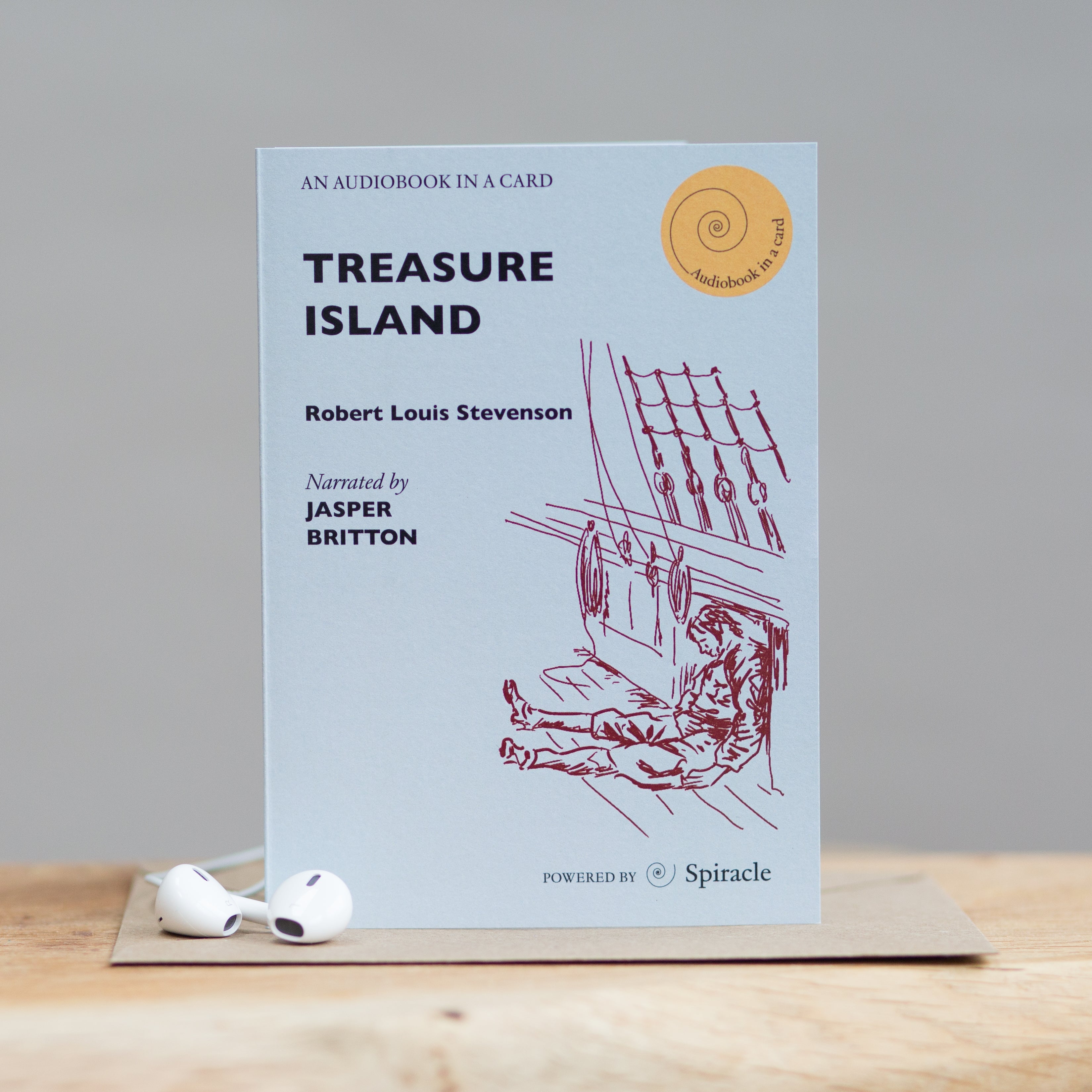 Treasure Island audiobook card styled with its kraft envelope