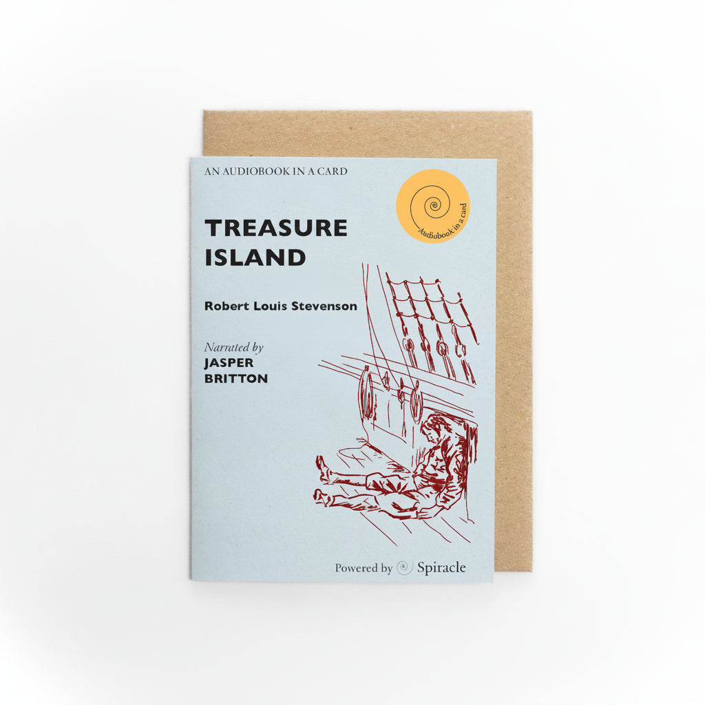 Treasure Island Audiobook in a Card, pale blue card with a line drawing of a sailor and kraft envelope