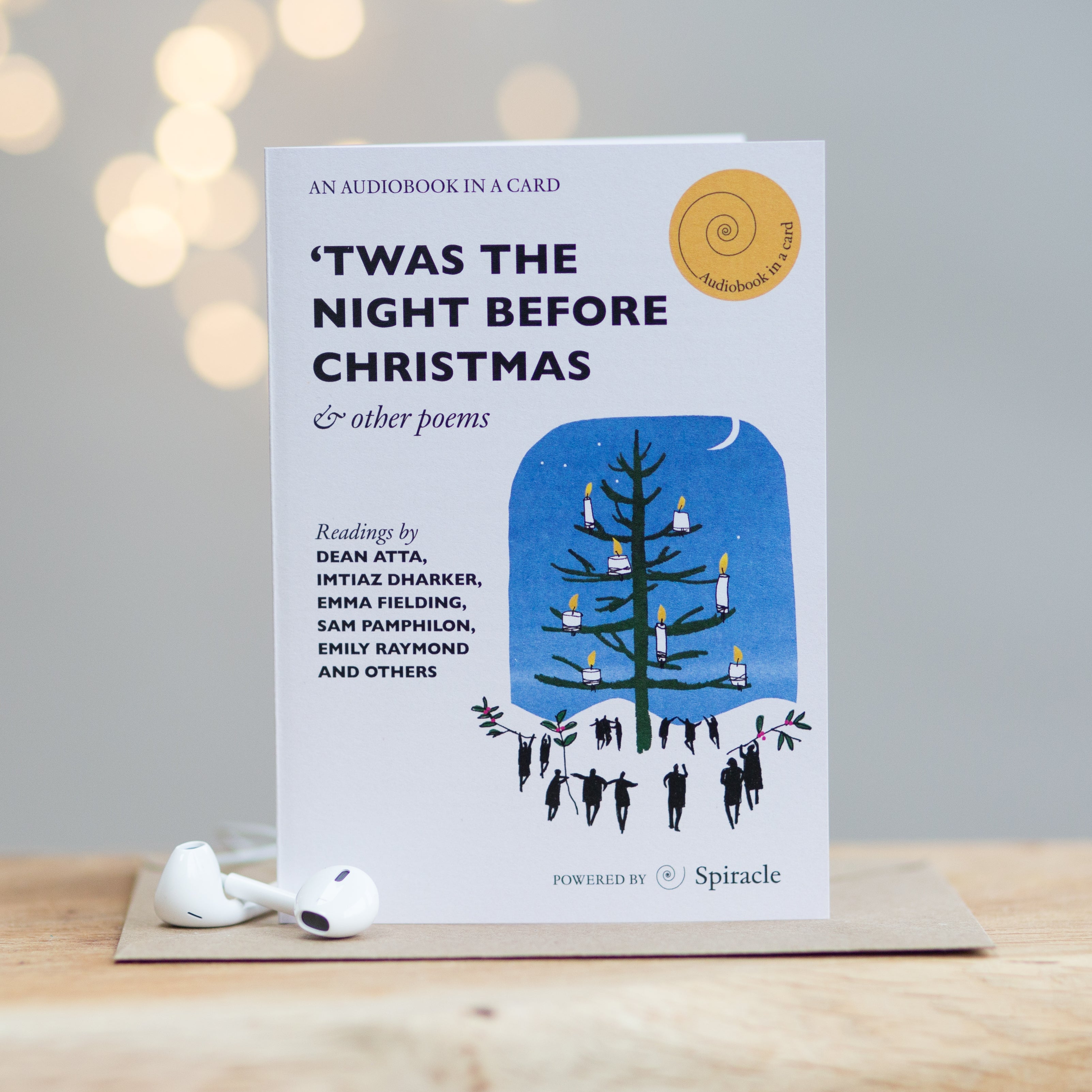 Festive audiobook card styled with its kraft envelope
