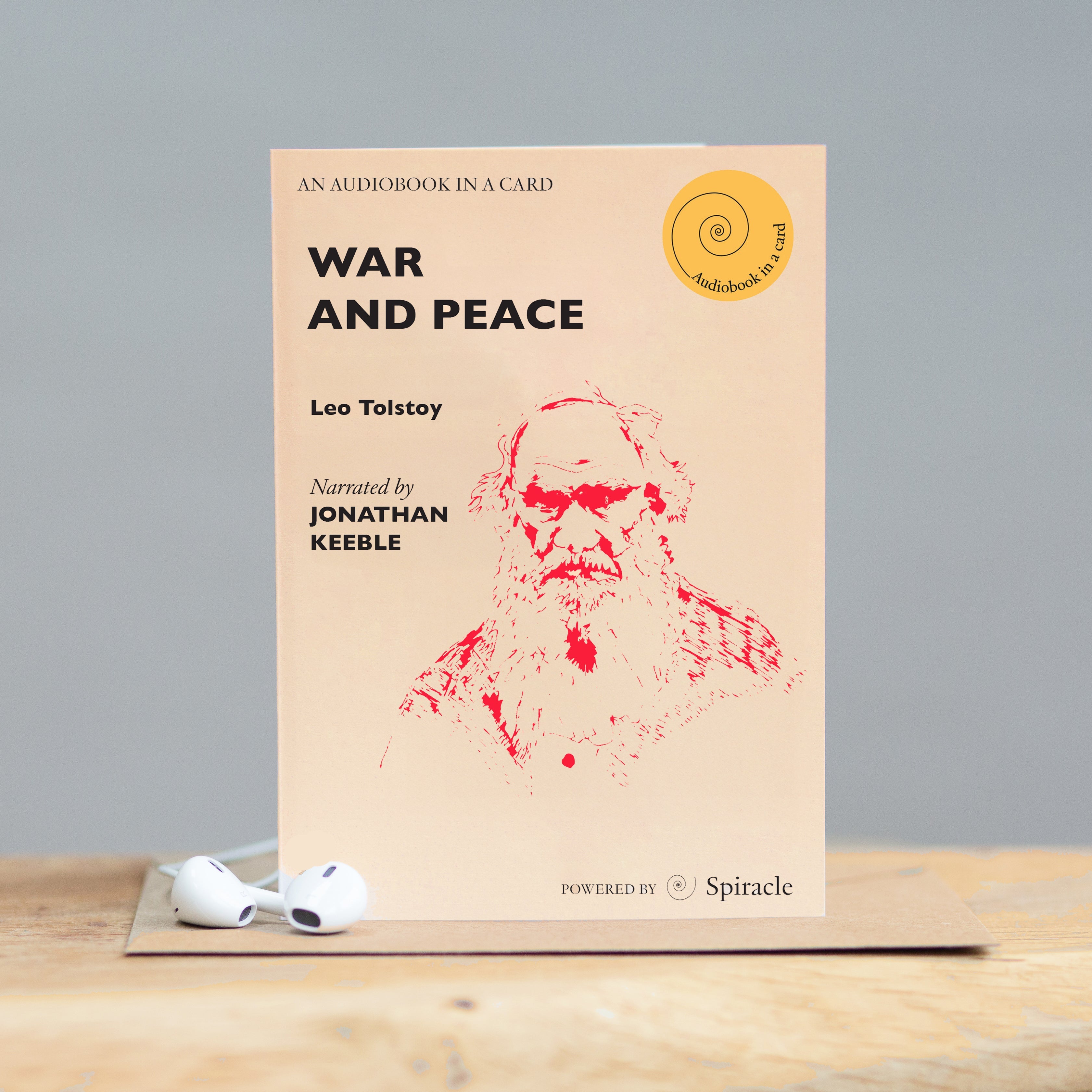 War and Peace audiobook card photographed with its kraft envelope