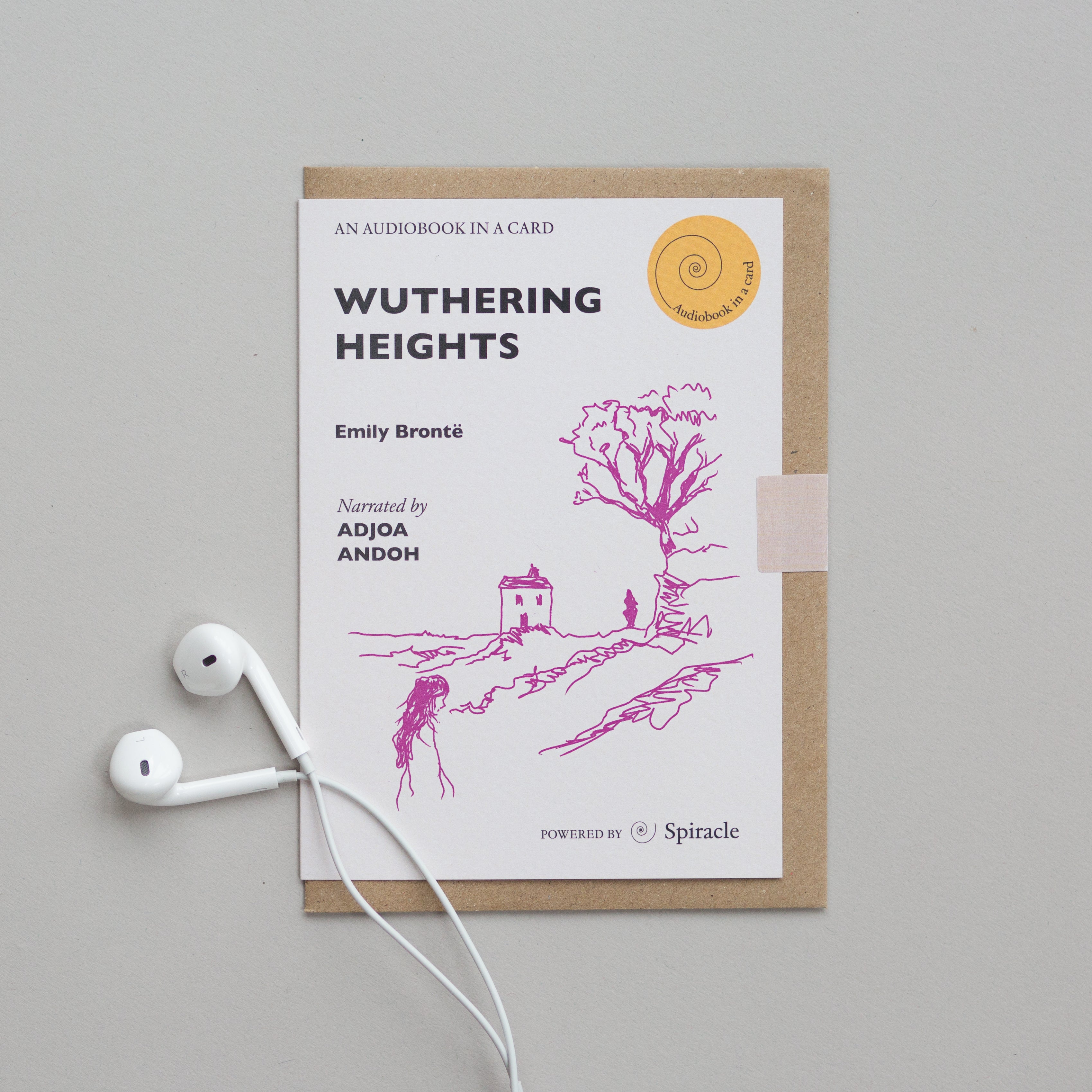 Wuthering Heights audiobook card photographed on a table