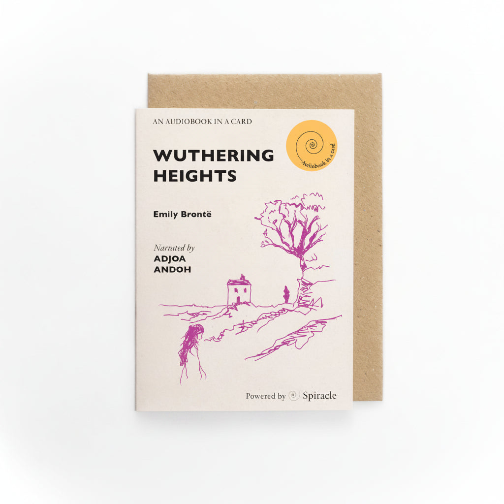 Wuthering Heights Audiobook in a Card, cream card with a pink line drawing of a windswept tree and moorland house