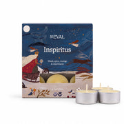 Inspiritus Scented Christmas Tealights, Box of 9 with illustrated box and tealights on a cream background