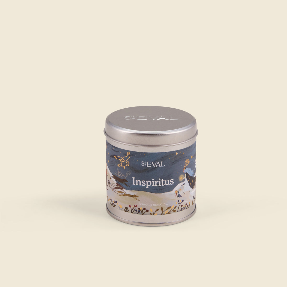 Inspiritus Christmas Tin Candle shown from another angle on a cream background