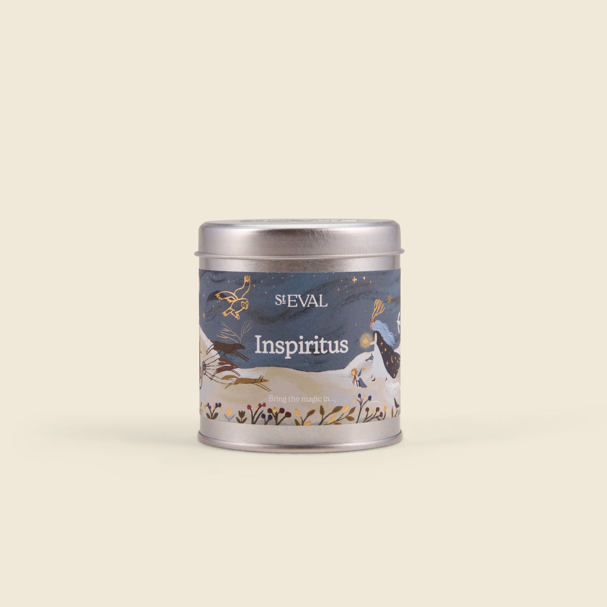 Inspiritus Christmas Tin Candle lifestyle base image on a cream background