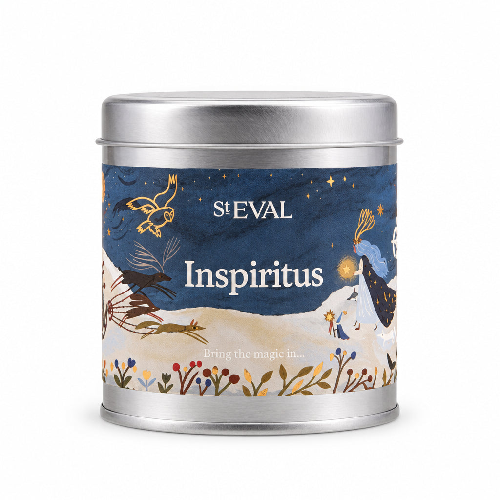 Inspiritus Christmas Tin Candle with illustrated label on a cream background