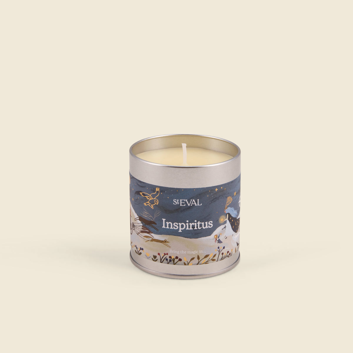 Inspiritus Christmas Tin Candle with the lid off showing the wax, cream background
