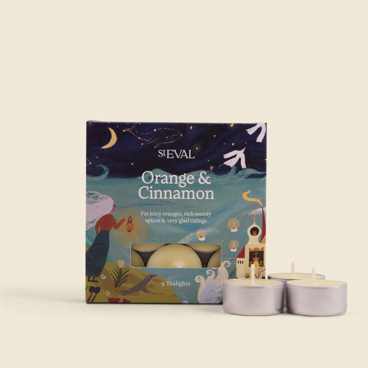 Orange & Cinnamon Scented Christmas Tealights, Box of 9 lifestyle base image on a cream background