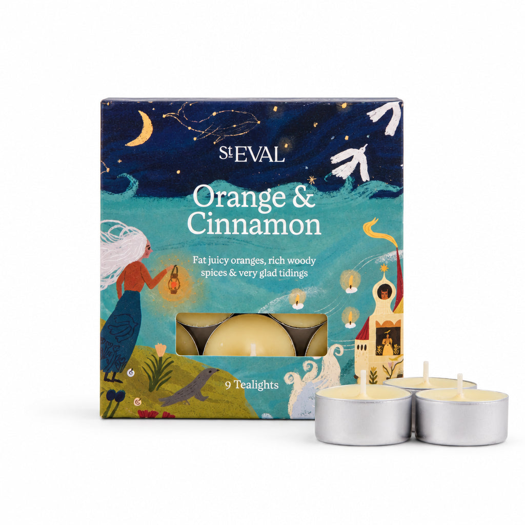 Orange & Cinnamon Scented Christmas Tealights, Box of 9 with illustrated box and tealights on a cream background