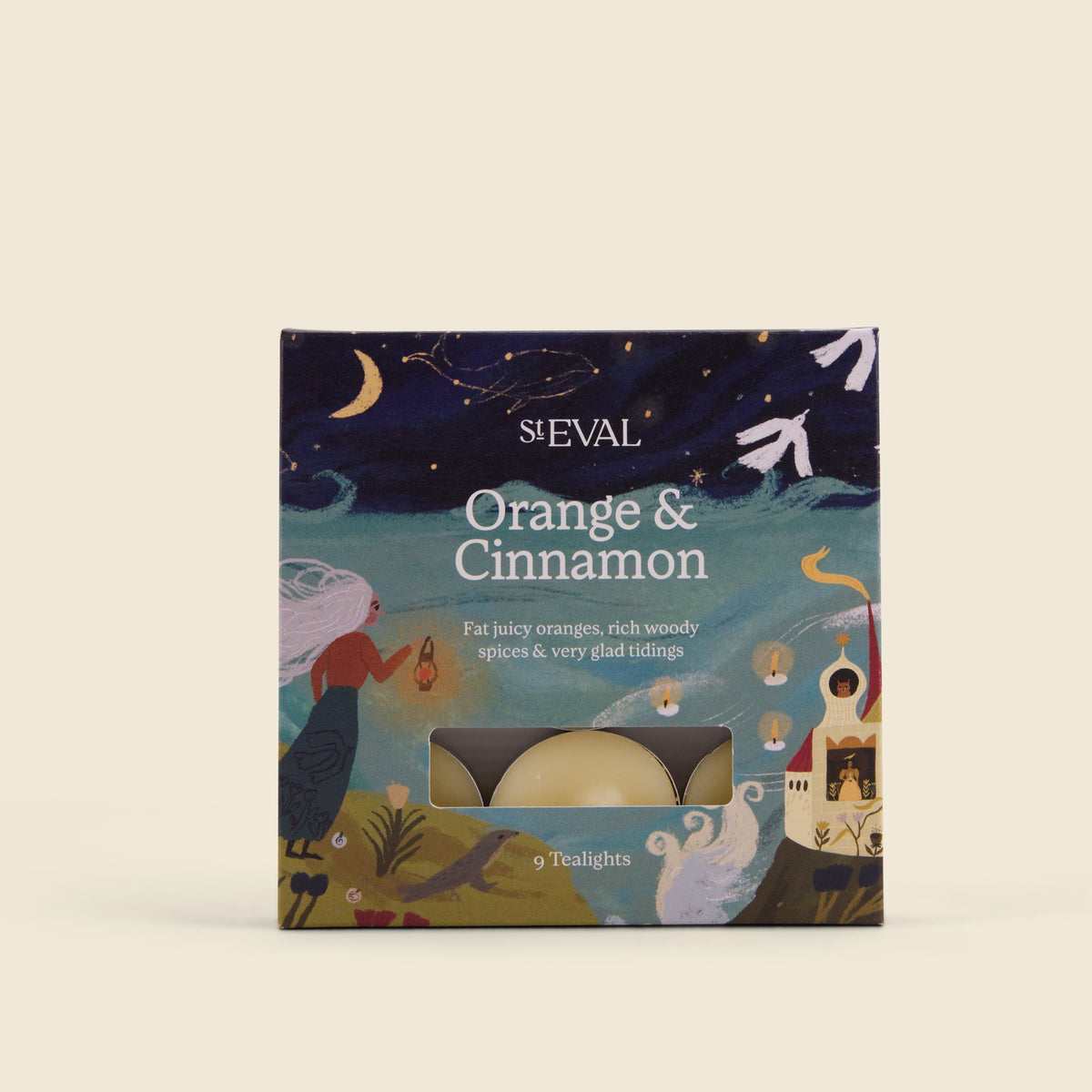 Orange & Cinnamon Scented Christmas Tealights, Box of 9 illustrated gift box front on a cream background