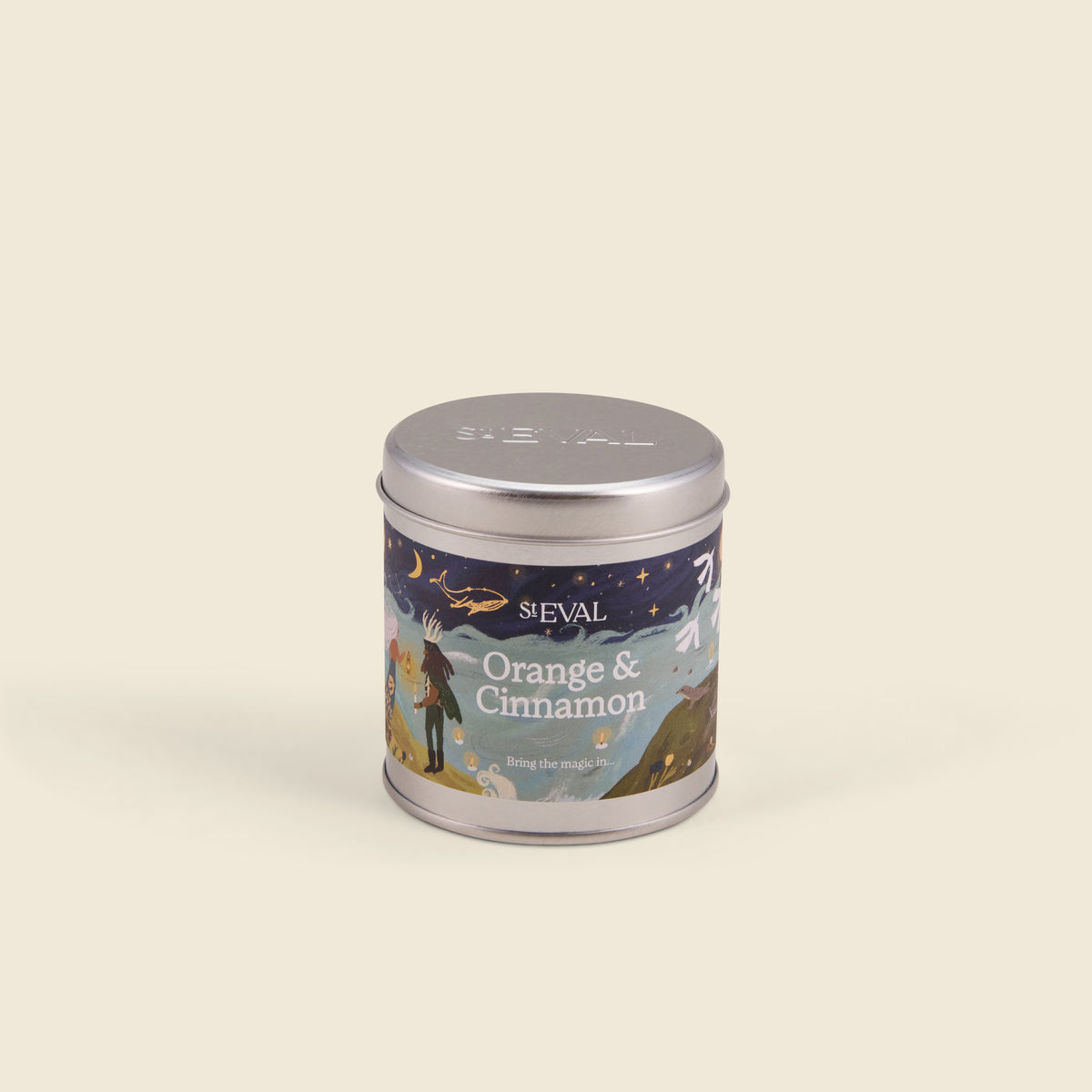 Orange & Cinnamon Christmas Tin Candle shown from another angle on a cream background