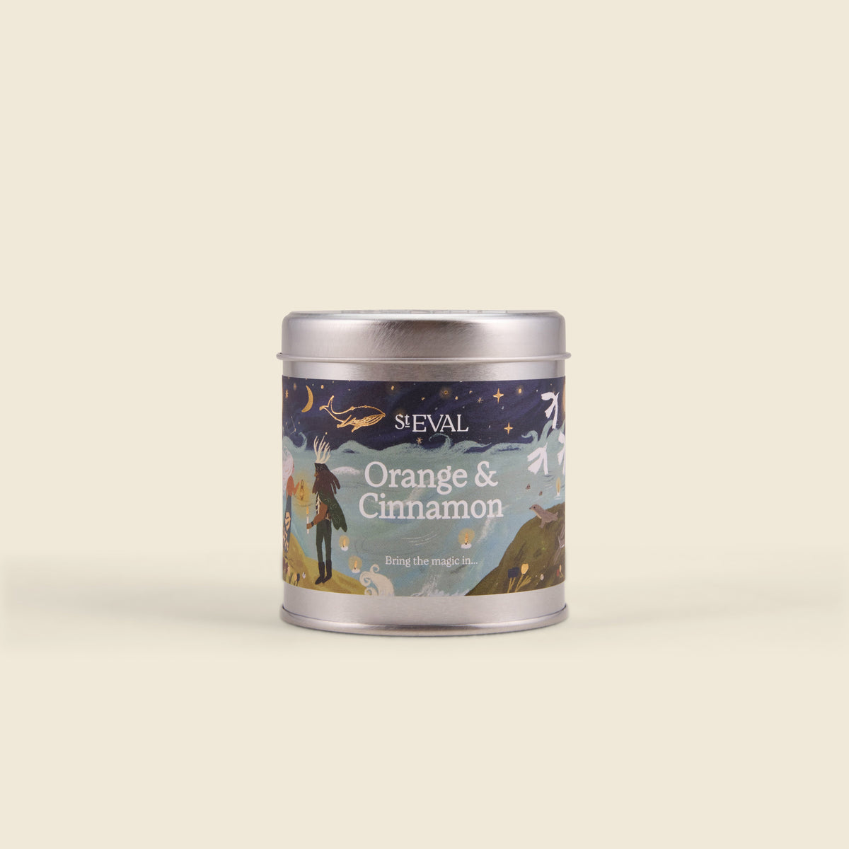 Orange & Cinnamon Christmas Tin Candle lifestyle base image on a cream background