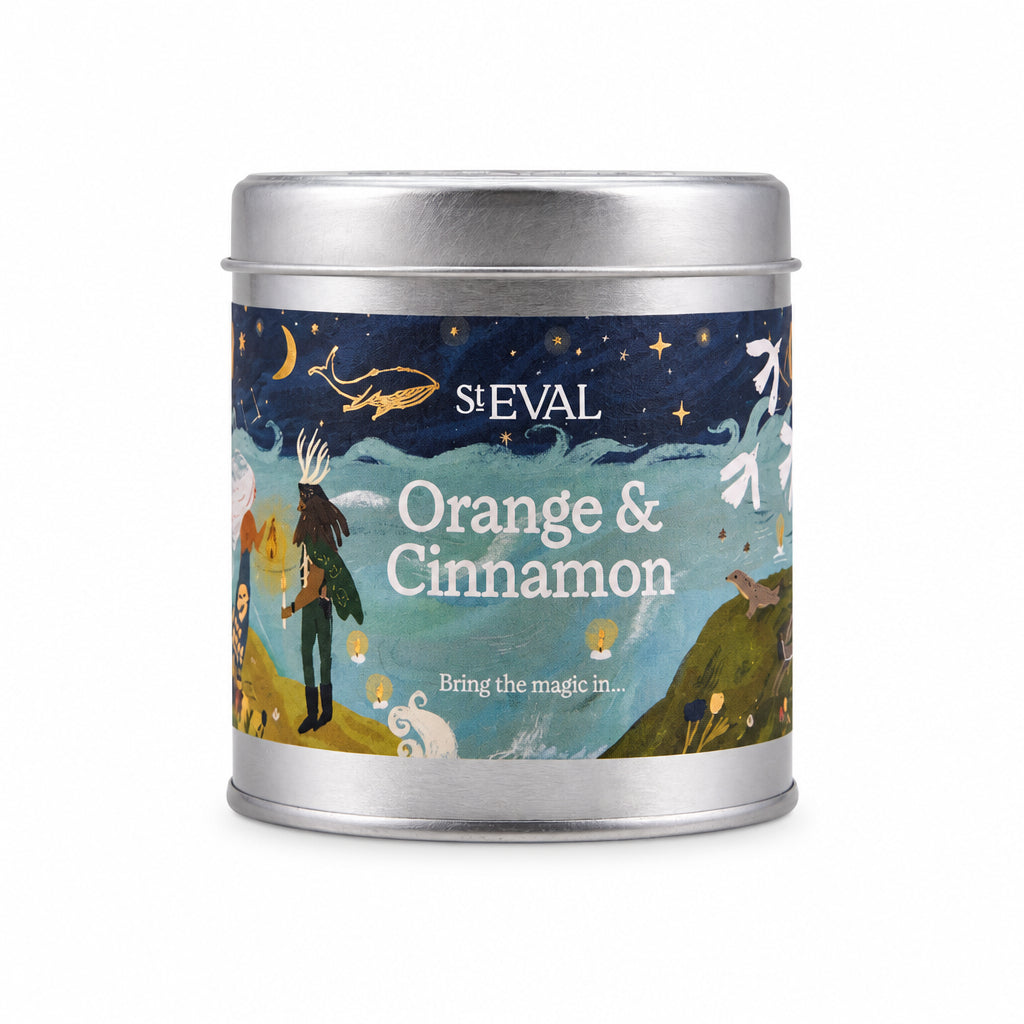 Orange & Cinnamon Christmas Tin Candle with illustrated label on a cream background