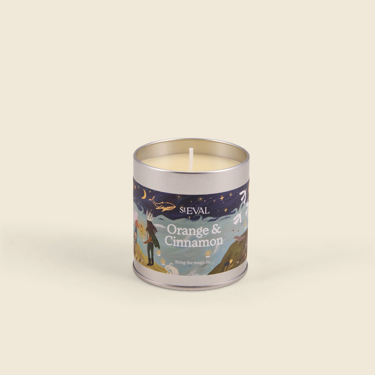 Orange & Cinnamon Christmas Tin Candle with the lid off showing the wax, cream background