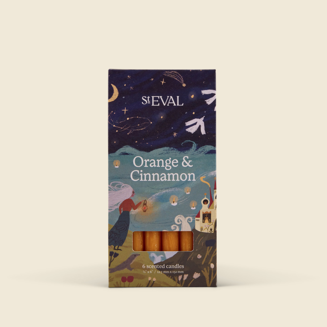 Orange & Cinnamon Mini Festive Candles, Pack of 6 lifestyle base image on a cream background
