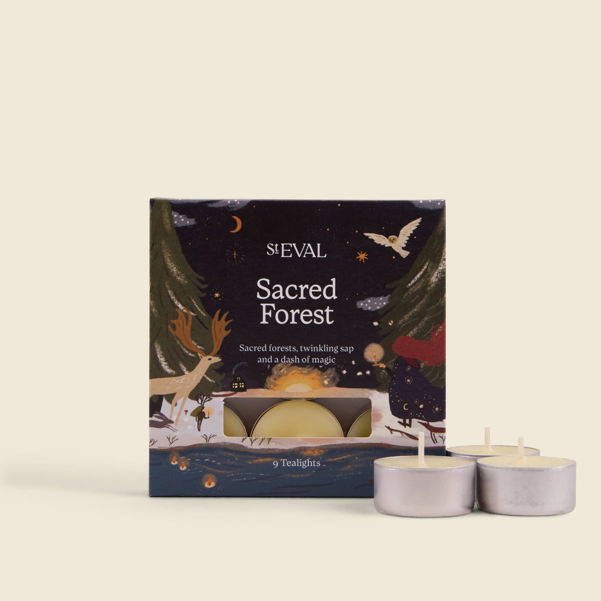Sacred Forest Scented Christmas Tealights, Box of 9 lifestyle base image on a cream background