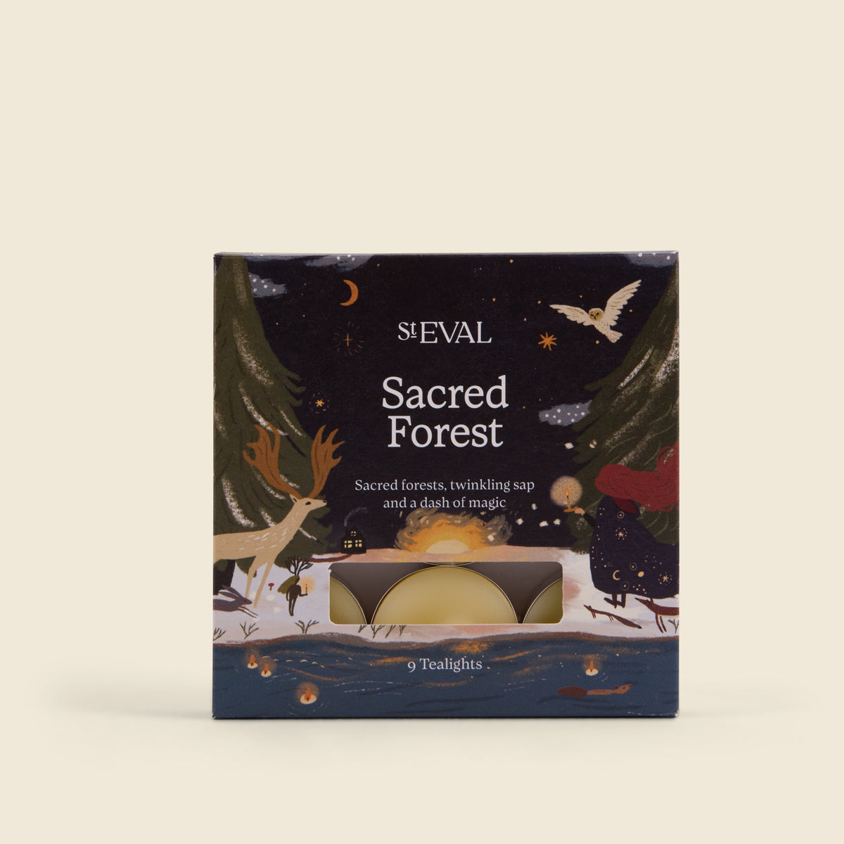 Sacred Forest Scented Christmas Tealights, Box of 9 illustrated gift box front on a cream background