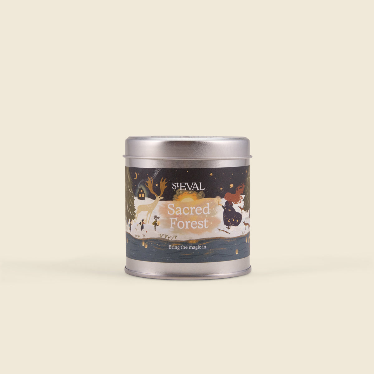 Sacred Forest Christmas Tin Candle lifestyle base image on a cream background