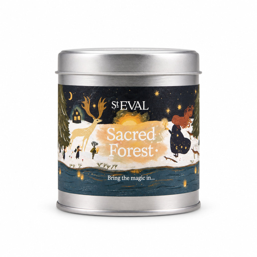 Sacred Forest Christmas Tin Candle with illustrated label on a cream background