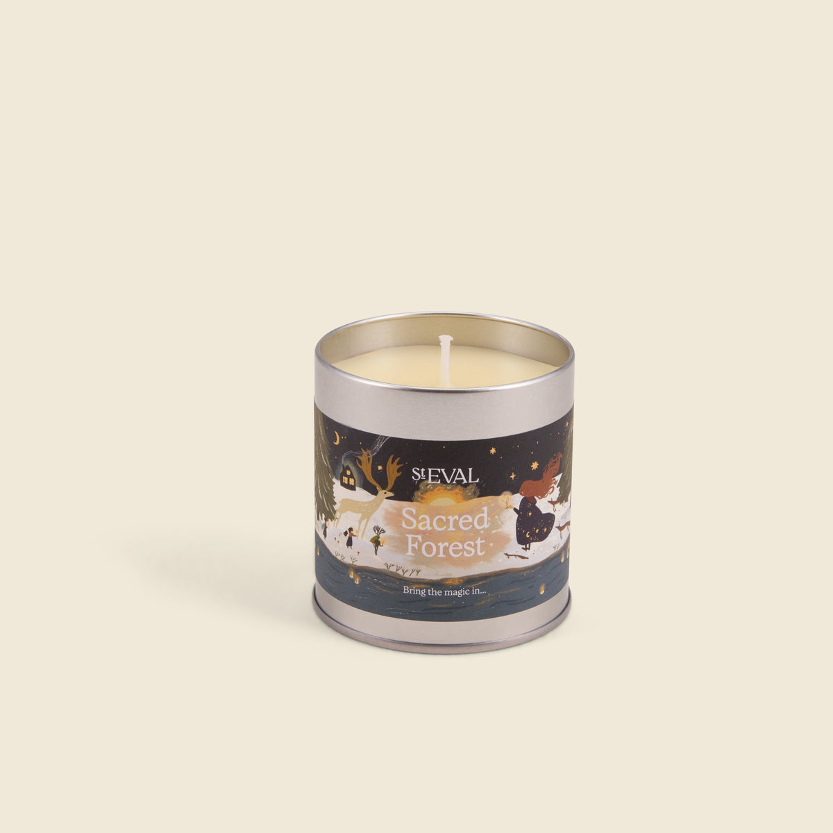 Sacred Forest Christmas Tin Candle with the lid off showing the wax, cream background
