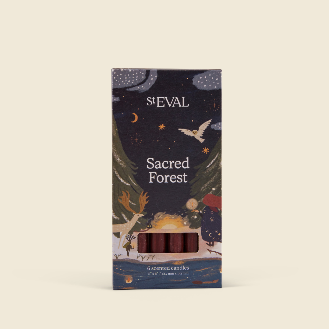 Sacred Forest Mini Festive Candles, Pack of 6 lifestyle base image on a cream background