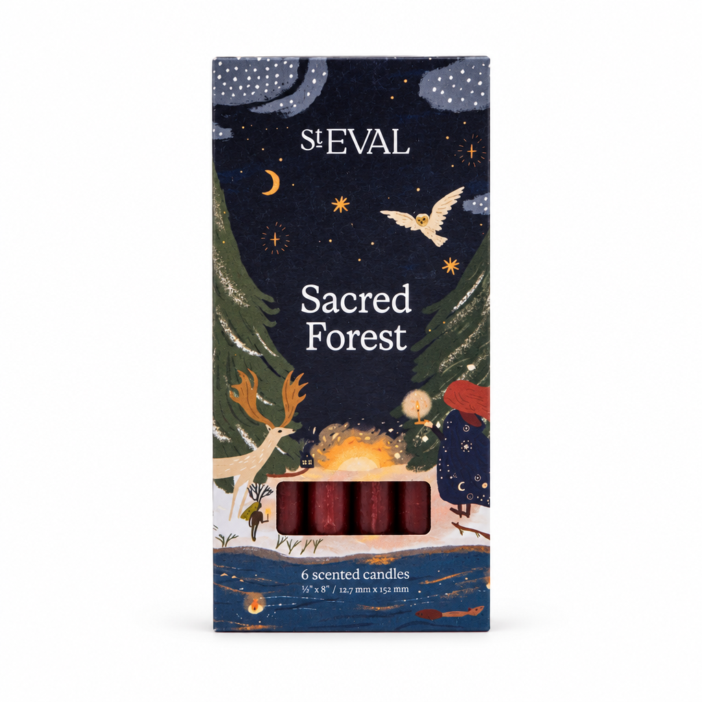 Sacred Forest Mini Festive Candles, Pack of 6 in illustrated box on a cream background