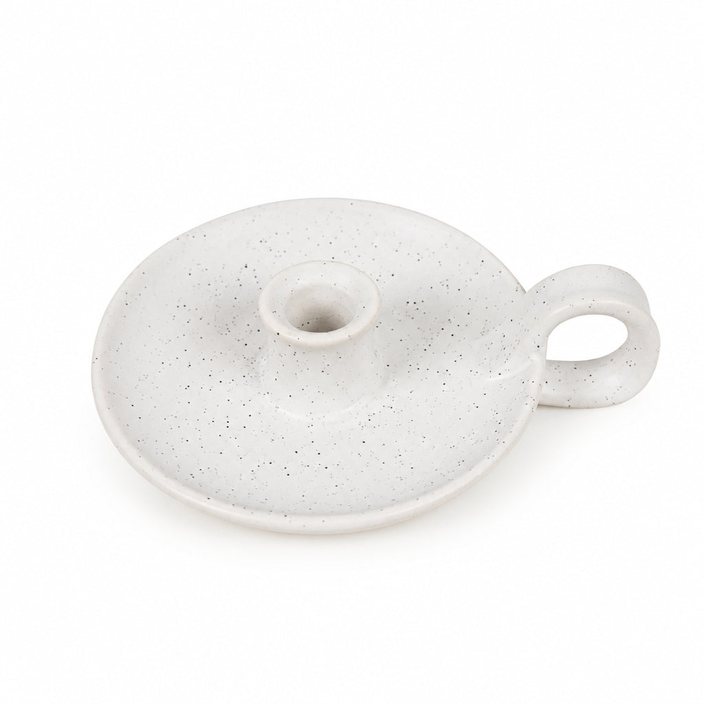 White Speckle Mini Candle Holder with Handle on a cream background
