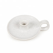 White Speckle Mini Candle Holder with Handle on a cream background