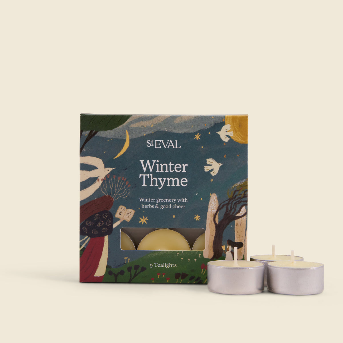 Winter Thyme Scented Christmas Tealights, Box of 9 lifestyle base image on a cream background