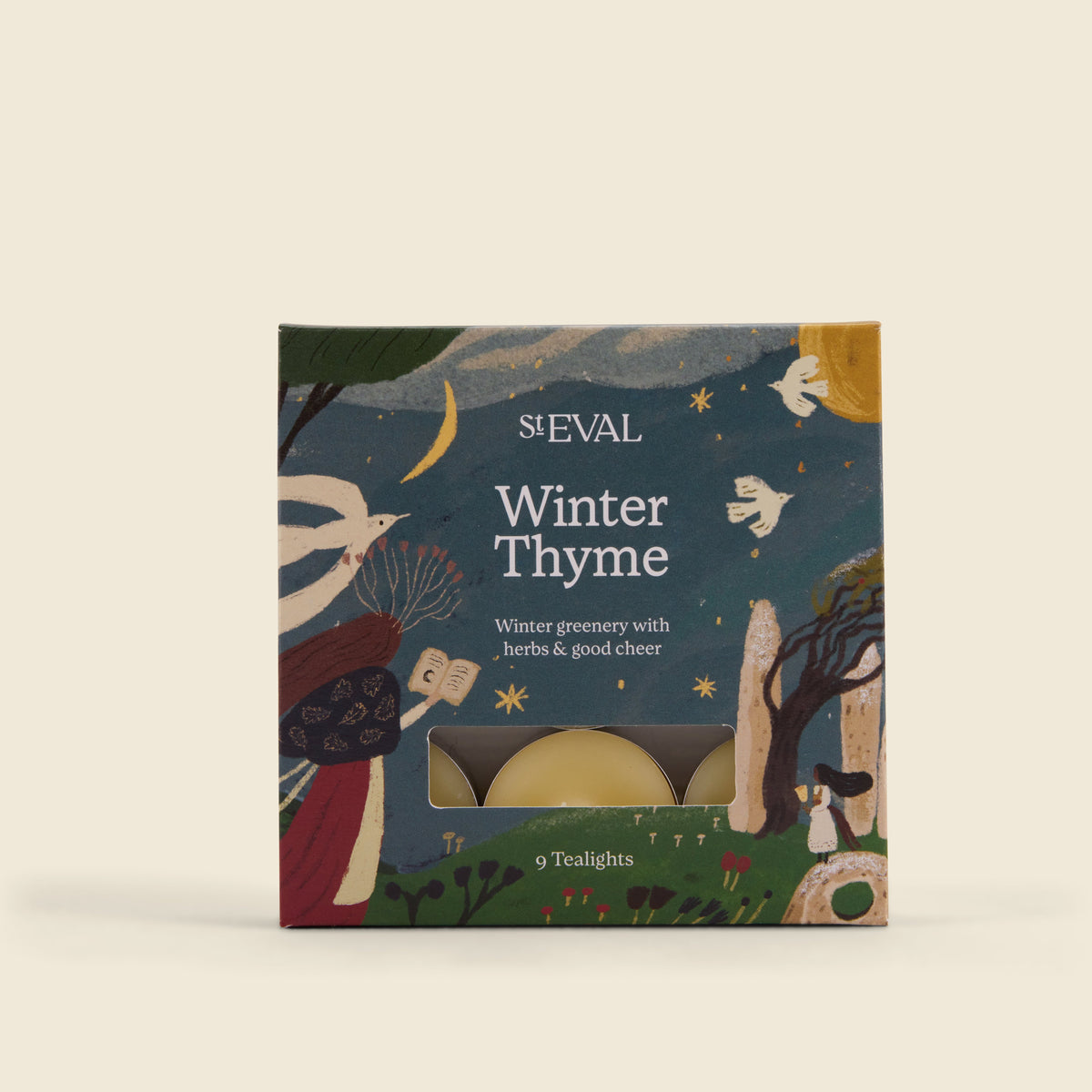 Winter Thyme Scented Christmas Tealights, Box of 9 illustrated gift box front on a cream background
