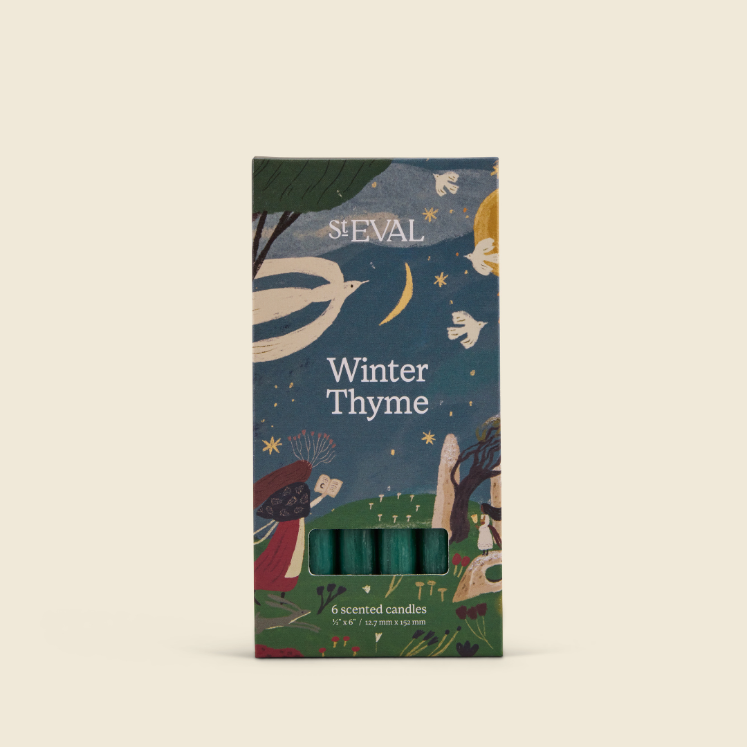 Winter Thyme Mini Festive Candles, Pack of 6 lifestyle base image on a cream background