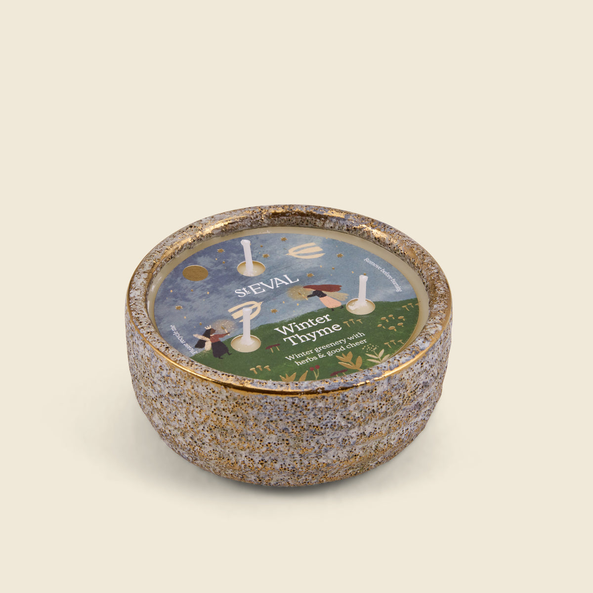 Winter Thyme Small Alchemy Pot Candle lifestyle base image on a cream background